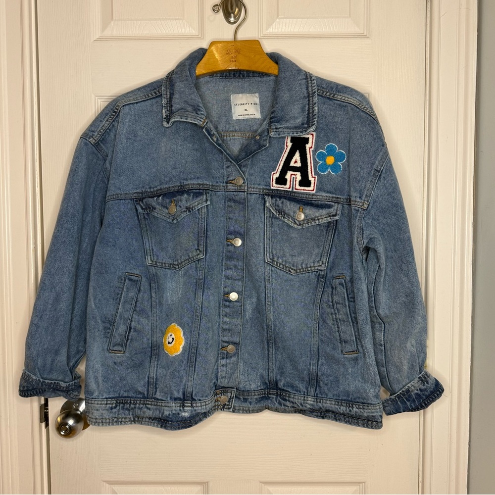 Celebrity Pink Distressed Cotton Denim Jean Letterman Patch Jacket Extra Large